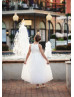 Jewel Neck White Pleated Tulle Tie Back Flower Girl Dress